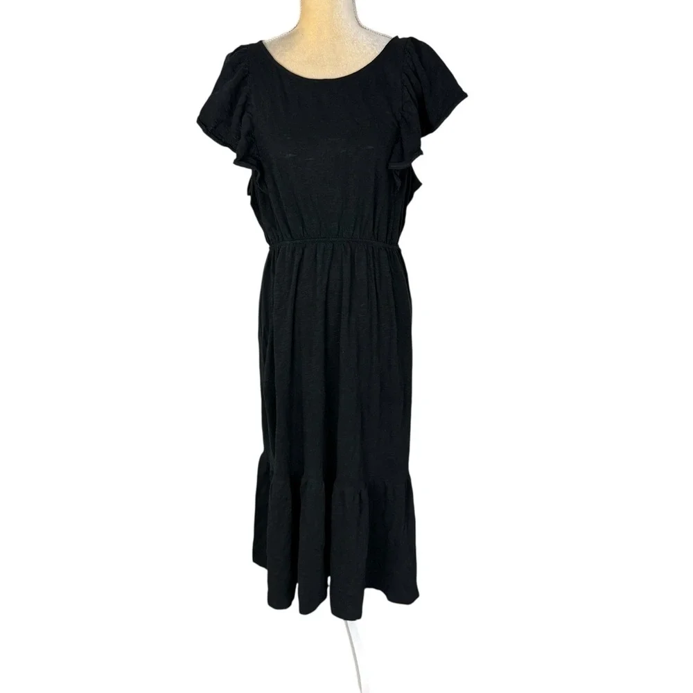 J.Crew Black Ruffle Cap Sleeve‎ Elastic Waist Tiered Stretch Knit Dress XL